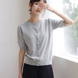 MISS LISA棉质金葱银葱线中袖圆领针织开衫薄款空调衫针织衫K16407(浅灰色 S)