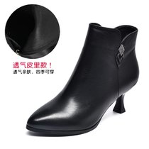 SUNTEK短靴女2021年秋冬季新款尖头低跟细跟靴子时尚加绒软皮女鞋(36 黑色/单里)