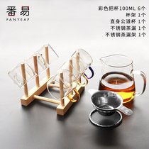 玻璃小茶杯带把耐热透明功夫茶具套装家用6只装加厚品茗主人茶杯(彩色把杯100ML 10件套)