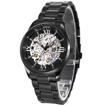 尼维达全自动机械表防水镂空黑钢带男表gm6102-121229