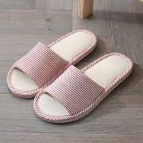 SUNTEK防滑亚麻布艺拖鞋夏家居家用男女厚底卧室内木地板情侣春秋四季鞋(37/38【35.36.37脚可穿】 亚麻条纹红色)