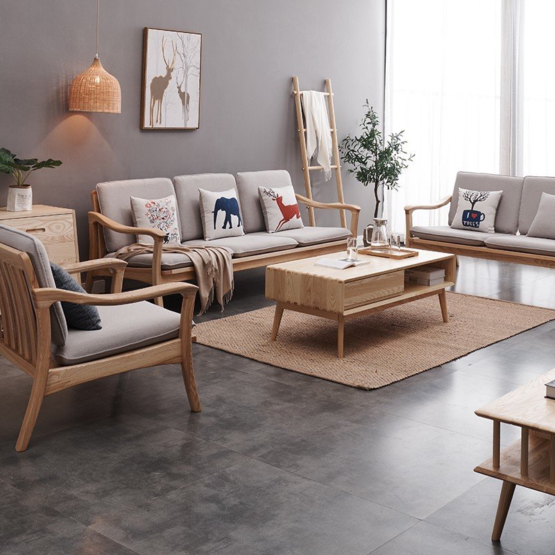 北欧白蜡木实木沙发现代简约布艺沙发家用小户型客厅家具(1 1 3组合黑
