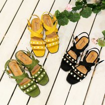 2017夏季新款韩版一字扣带珍珠露趾低跟女鞋平跟鞋粗跟女凉鞋子潮(37)(军绿色)