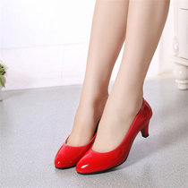 软底单鞋工作鞋女黑色中跟粗跟高跟鞋漆皮空姐职业女士皮鞋(红色 40)