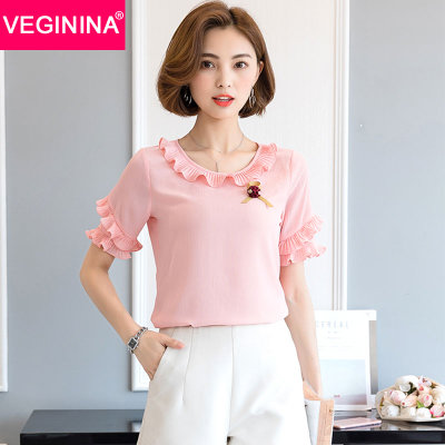 VEGININA 雪纺衫女短袖夏新款上衣百搭荷叶边纯色小衫 9618(粉红色 S) VEGININA 雪纺衫女短袖夏新款上衣百搭荷叶边纯色小衫 9618(粉红色 S)