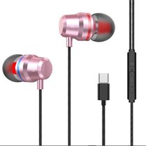 金属重低音红蓝圈入耳式有线HIFI耳机适用苹果安卓type-c扁口线控有线耳机(玫瑰金type-c送硅胶)