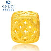 CNUTI粤通国际珠宝 黄金转运珠 足金镂空魔方路路通转运珠 皮绳金手链