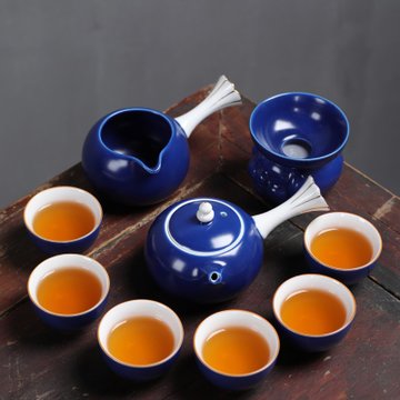 红色陶瓷功夫茶具套装家用中国风中式茶壶盖碗茶杯茶道客厅泡茶器霁蓝