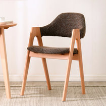 家逸 实木榉木餐椅休闲椅电脑椅办公椅咖啡椅北欧创意布艺凳子(咖啡色+原木色)