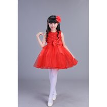 儿童合唱演出服女童公主礼服裙舞蹈蓬蓬纱裙表演服短袖裙子连衣裙(红纱裙)(160cm)