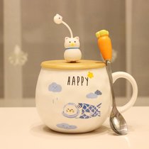 马克杯子陶瓷杯家用水杯创意潮流带盖勺可爱小猪少女心早餐杯礼品(木盖云朵鱼+盖勺400ML)