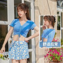 游泳衣女平角裙式分体两件套显瘦韩国风少女学生温泉泳装批发(天蓝色 L（95-105斤）)