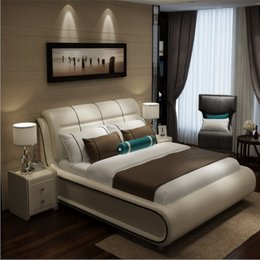 【京好】皮艺软床 现代简约环保实木双人床  婚床家具A101(米白色皮床+两床头柜 1.5*2米规格)