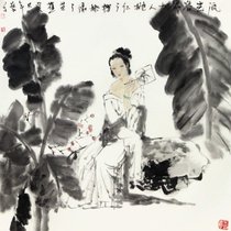 王艺千 国画 人物画 水墨写意 少女 芭蕉 樱桃 扇子 斗方