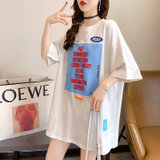 【灵薇雅】夏季韩版新款印花贴布刺绣圆领短袖薄款宽松中长款T恤衫(白色 M)