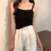 夏韩版外穿内搭背心短款新款法式蕾丝花边针织小吊带上衣女(黑色 均码)