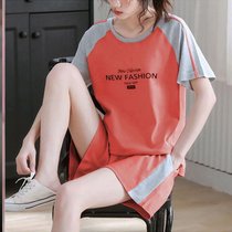 SUNTEK睡衣女夏新款韩版套装短袖短裤宽松大码两件套休闲运动跑步家居服(橙色)