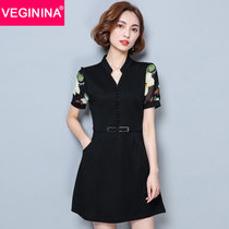 VEGININA V领修身显瘦短袖雪纺印花连衣裙 9512(黑色 4XL)