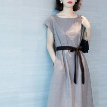 千鸟格宽松中长款连衣裙女2020夏季新款圆领气质女神范显瘦长裙潮(浅灰色 XL)