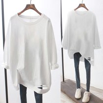 SUNTEK春装2022年新款白色长袖T恤女宽松叠穿内搭中长款卫衣打底衫(S 纯白色)