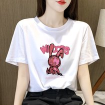 SUNTEK短袖t恤女装2022年新款夏季设计感国潮风ins白色宽松大码上衣(S 95斤内 粉色兔子)