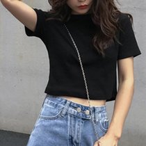 SUNTEK短款T恤女夏装心机小众设计感2022新款韩国学生高腰露脐短袖上衣(M 黑色【307#】)