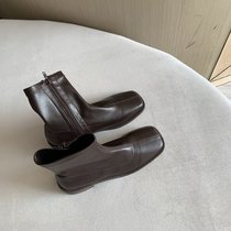 SUNTEK韩版瘦瘦靴女鞋子2021年新款春秋单靴软皮夏季白色平底炸街小短靴(38 棕色侧拉链款{单里})