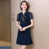 MISS LISA时尚蝴蝶结中长款连衣裙女式职业装工装裙YR5058(蓝色 S)
