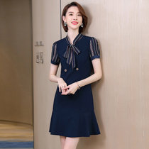 MISS LISA时尚蝴蝶结中长款连衣裙女式职业装工装裙YR5058(蓝色 L)