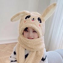 会动的兔耳朵帽子儿童围巾一体秋冬季女童可爱男童2021宝宝保暖帽(2-4岁+一捏耳朵会动 舒棉绒-米黄色)