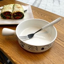韩式小狗陶瓷碗泡面碗沙拉盘少女心学生早餐碗家用儿童餐具套装(ins小狗手柄碗720ML+白色叉 15.5cm)