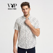 花花公子贵宾短袖衬衫男士印花透气短衬(浅灰色VDT318004 54)
