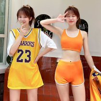 新款泳衣女保守学生韩版运动三件套分体平角遮肚显瘦温泉游泳装(黄色带胸垫三件套 L（95-105斤）)