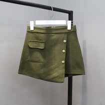 2018春季新款女装短裙假两件半身裙裤裙(军绿)