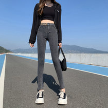 韩版网红豹纹小脚牛仔裤显瘦紧身铅笔弹力裤(黑灰色 32)