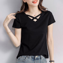 纯棉短袖t恤女夏季2022年新款宽松女装洋气高品质减龄带领polo衫(黑色 M)