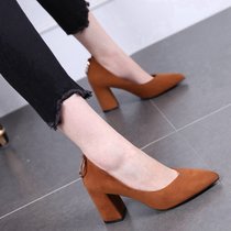 欧美尖头粗跟单鞋女2017新款时尚金属扣中跟高跟鞋浅口百搭工作鞋(39)(焦糖)