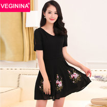 VEGININA 韩版时尚气质修身收腰雪纺连衣裙 9517(黑色 4XL)
