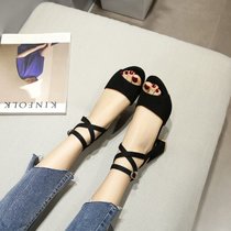 新款凉鞋女夏2017时尚性感鱼嘴鞋中跟粗跟绑带罗马鞋优雅气质百搭(37)(黑色)