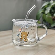 ins玻璃杯吸管牛奶早餐杯可爱卡通刻度杯子加盖勺礼品(380ml电脑熊熊款+ps盖+玻璃吸管)