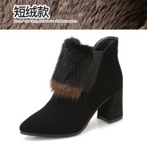 SUNTEK尖头短靴女2021秋季新款鞋子冬高跟加绒毛毛棉鞋羊反绒粗跟马丁靴(34 黑色+卡其（加绒）)