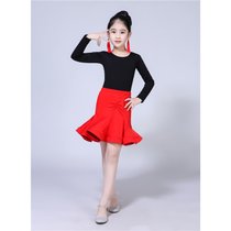 儿童舞蹈裙夏季拉丁舞练功服短袖分体拉丁演出表演套装女童比赛服(长袖黑+红平裙套装)(170cm)