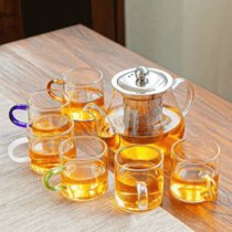 耐热玻璃功夫茶具套装家用泡茶器透明茶杯带把红茶花茶壶办公茶壶(八骏壶+6彩把杯7件套)