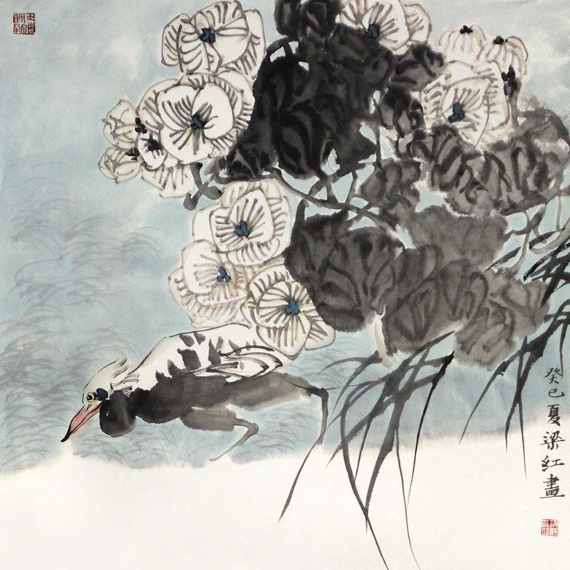 国画梁红清趣国画花鸟画水墨写意竟山花鸟斗方返回商品页