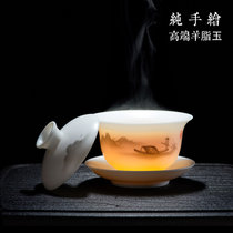 凯斯唯嘉 三才盖碗茶杯高档羊脂玉瓷盖碗茶具德化白瓷纯手工手绘功夫泡茶碗 手绘摆渡/(手绘摆渡/ 默认版本)