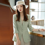 MISS LISA格子西装外套女韩版修身时尚休闲职业西服上衣EY8106(绿色 XXL)