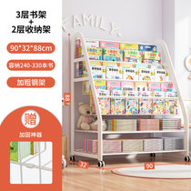 书架儿童家用简易铁艺落地置物架一体书柜宝宝绘本架玩具收纳架(【加粗碳钢】90cm-3层书架+2层收纳架★ 默认版本)