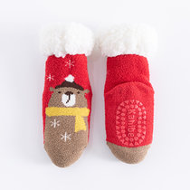 秋冬加绒加厚羊羔绒婴儿冬鞋袜厚袜子防滑保暖珊瑚绒学步地板袜(大红小熊 M码)