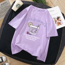 SUNTEK紫色短袖t恤女装2022年新款大码夏季情侣装ins潮百搭卡通上衣服女(XL 8056紫色)