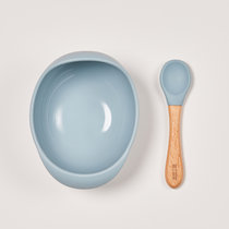 硅胶碗+木勺 儿童辅食碗硅胶吸盘碗汤碗防滑抗摔餐具  婴卫爱妮(灰蓝色)